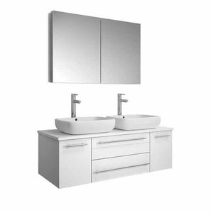 Lucera 48" White Modern Wall Hung Double Vessel Sink Modern Bathroom Vanity FVN6148WH-VSL-D-FFT1044CH