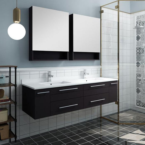 Image of Lucera 60" Espresso Modern Wall Hung Double Undermount Sink Bathroom Vanity