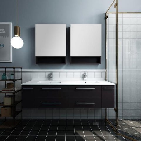 Image of Lucera 60" Espresso Modern Wall Hung Double Undermount Sink Bathroom Vanity