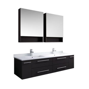 Lucera 60" Espresso Modern Wall Hung Double Undermount Sink Bathroom Vanity FVN6160ES-UNS-D-FFT1030BN