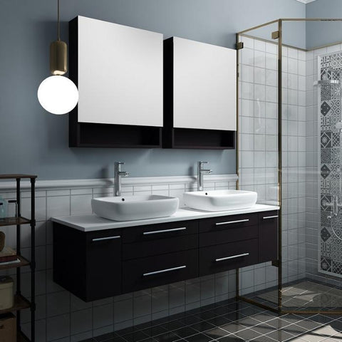 Image of Lucera 60" Espresso Modern Wall Hung Double Vessel Sink Modern Bathroom Vanity