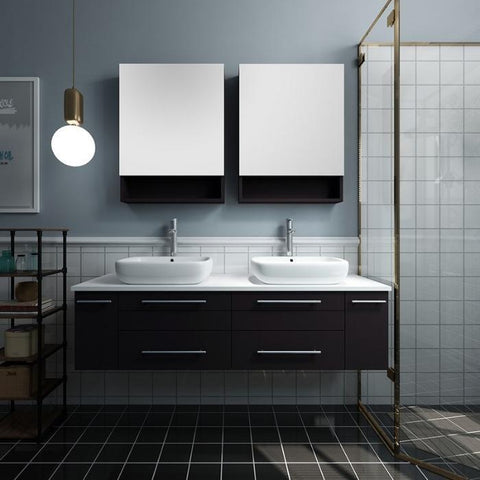 Image of Lucera 60" Espresso Modern Wall Hung Double Vessel Sink Modern Bathroom Vanity