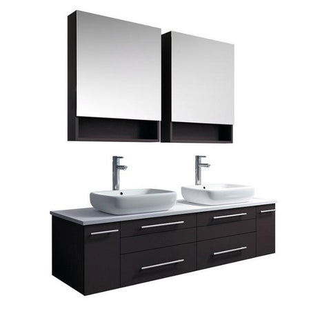 Image of Lucera 60" Espresso Modern Wall Hung Double Vessel Sink Modern Bathroom Vanity FVN6160ES-VSL-D-FFT1044CH