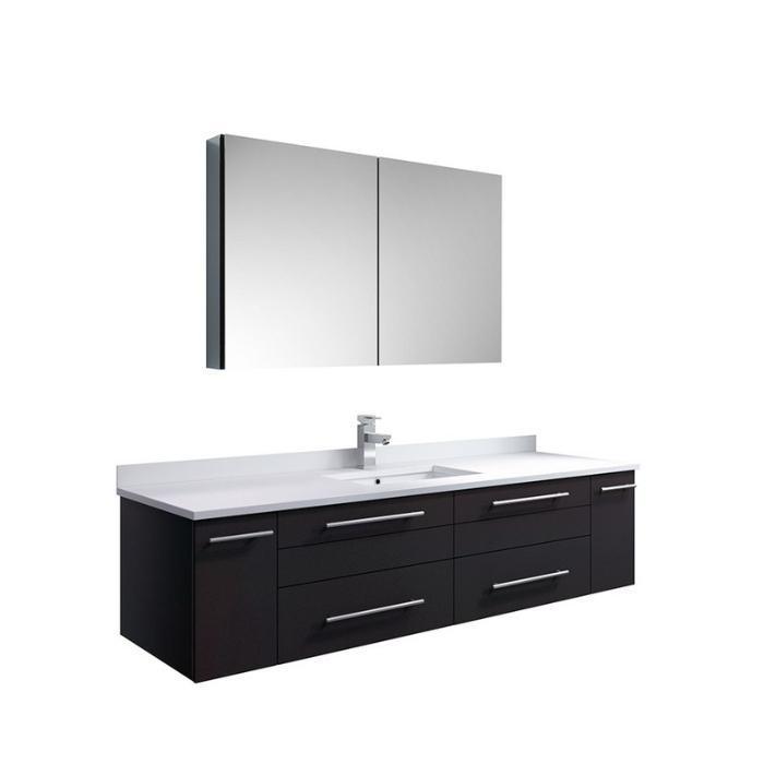 Lucera 60" Espresso Modern Wall Hung Undermount Sink Vanity w/ Medicine Cabinet FVN6160ES-UNS-FFT1030BN