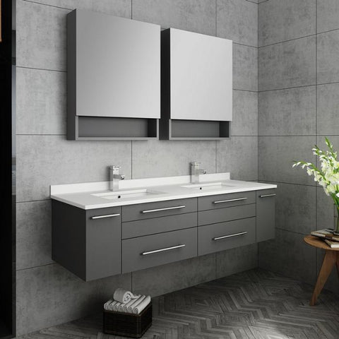Image of Lucera 60" Gray Modern Wall Hung Double Undermount Sink Bathroom Vanity