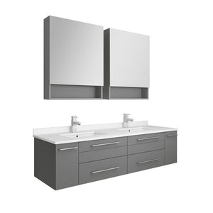 Lucera 60" Gray Modern Wall Hung Double Undermount Sink Bathroom Vanity FVN6160GR-UNS-D-FFT1030BN
