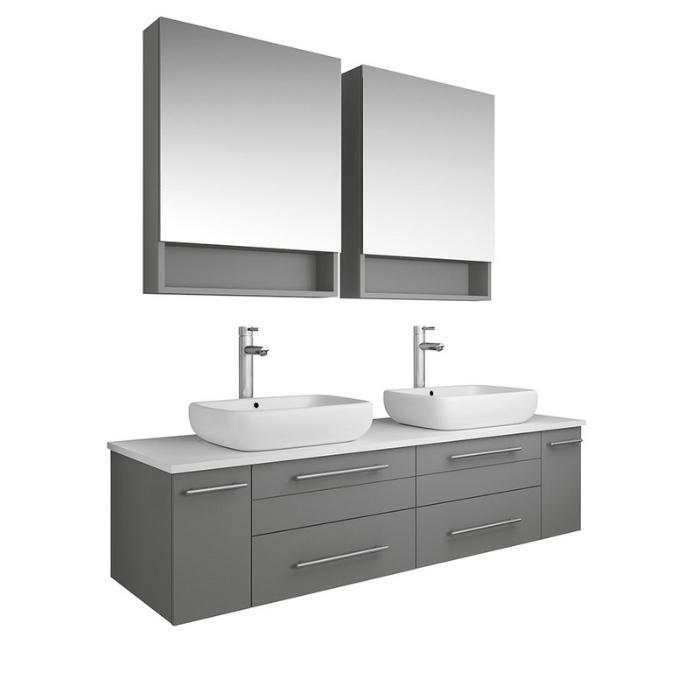 Lucera 60" Gray Modern Wall Hung Double Vessel Sink Modern Bathroom Vanity FVN6160GR-VSL-D-FFT1044CH