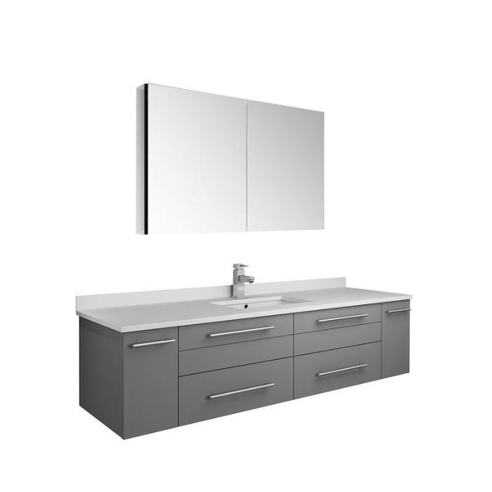 Lucera 60" Gray Modern Wall Hung Undermount Sink Vanity w/ Medicine Cabinet FVN6160GR-UNS-FFT1030BN