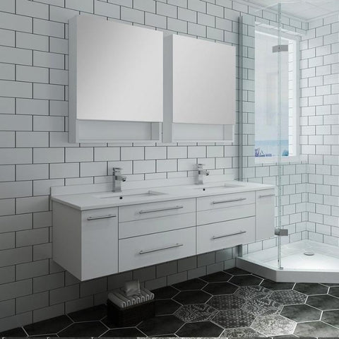 Image of Lucera 60" White Modern Wall Hung Double Undermount Sink Bathroom Vanity