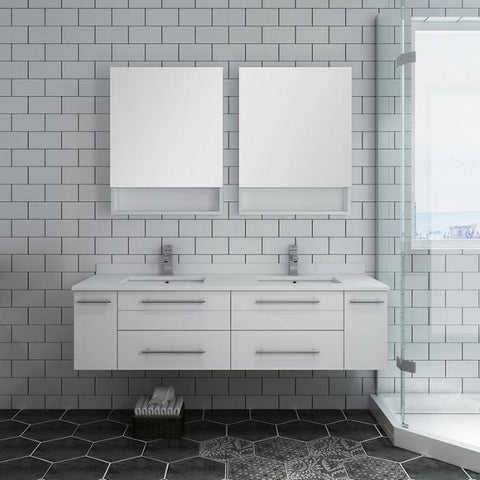 Image of Lucera 60" White Modern Wall Hung Double Undermount Sink Bathroom Vanity