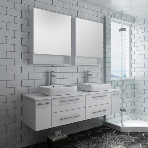 Image of Lucera 60" White Modern Wall Hung Double Vessel Sink Modern Bathroom Vanity