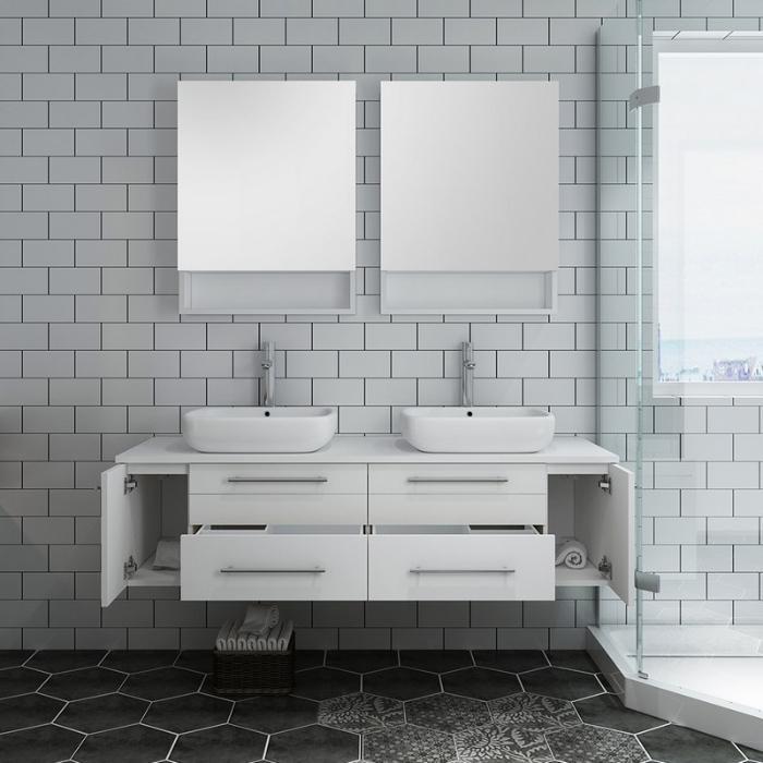 Lucera 60" White Modern Wall Hung Double Vessel Sink Modern Bathroom Vanity