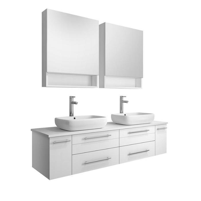 Lucera 60" White Modern Wall Hung Double Vessel Sink Modern Bathroom Vanity FVN6160WH-VSL-D-FFT1044CH