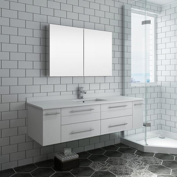 Lucera 60" White Modern Wall Hung Undermount Sink Vanity w/ Medicine Cabinet