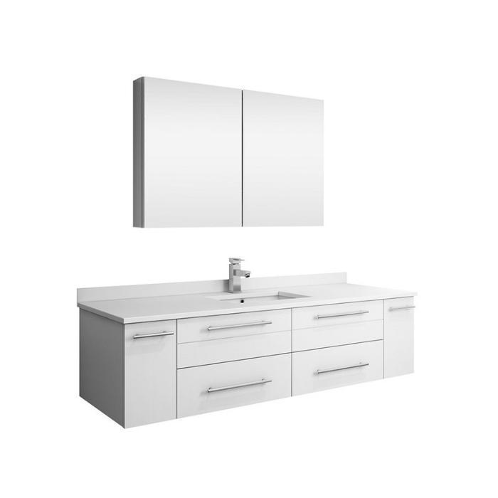 Lucera 60" White Modern Wall Hung Undermount Sink Vanity w/ Medicine Cabinet FVN6160WH-UNS-FFT1030BN