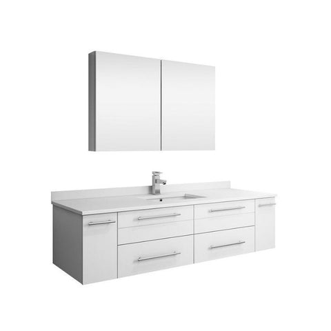 Image of Lucera 60" White Modern Wall Hung Undermount Sink Vanity w/ Medicine Cabinet FVN6160WH-UNS-FFT1030BN