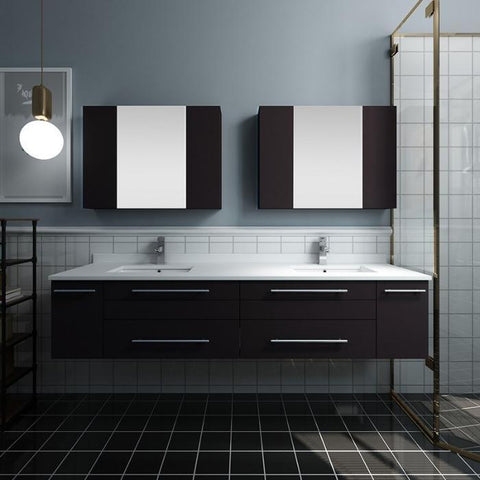 Image of Lucera 72" Espresso Modern Wall Hung Double Undermount Sink Bathroom Vanity