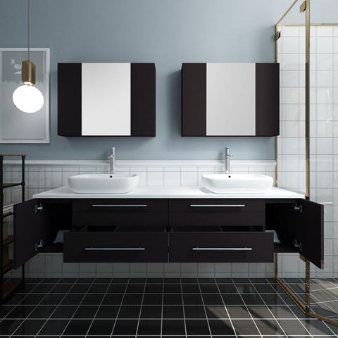 Image of Lucera 72" Espresso Modern Wall Hung Double Vessel Sink Modern Bathroom Vanity