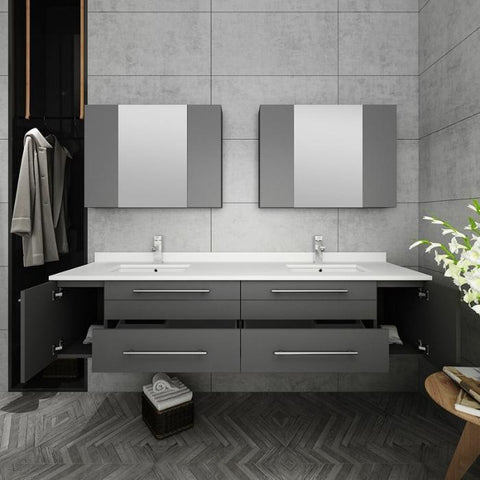 Image of Lucera 72" Gray Modern Wall Hung Double Undermount Sink Bathroom Vanity