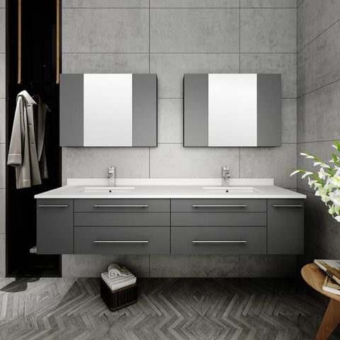 Image of Lucera 72" Gray Modern Wall Hung Double Undermount Sink Bathroom Vanity
