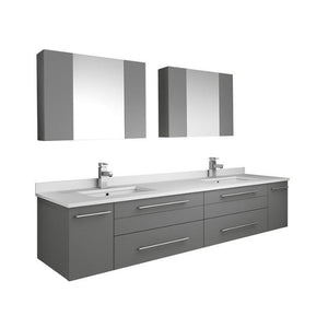 Lucera 72" Gray Modern Wall Hung Double Undermount Sink Bathroom Vanity FVN6172GR-UNS-D-FFT1030BN