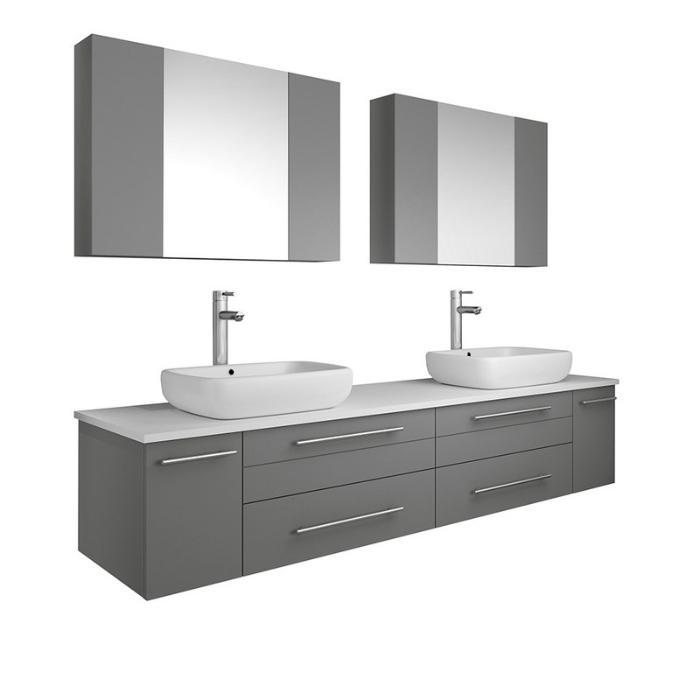 Lucera 72" Gray Modern Wall Hung Double Vessel Sink Modern Bathroom Vanity