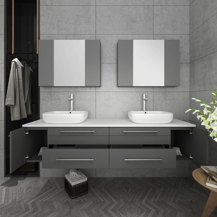 Lucera 72" Gray Modern Wall Hung Double Vessel Sink Modern Bathroom Vanity