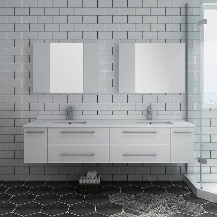 Lucera 72" White Modern Wall Hung Double Undermount Sink Bathroom Vanity