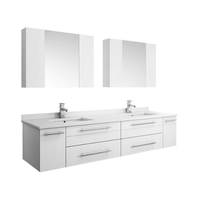 Lucera 72" White Modern Wall Hung Double Undermount Sink Bathroom Vanity FVN6172WH-UNS-D-FFT1030BN
