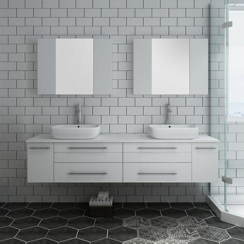 Image of Lucera 72" White Modern Wall Hung Double Vessel Sink Modern Bathroom Vanity