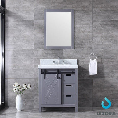 Image of Marsyas 30" Dark Grey Single Vanity | White Carrara Marble Top | White Square Sink and 28" Mirror