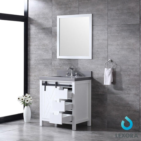 Image of Marsyas 30" White Single Vanity | Grey Quartz Top | White Square Sink and 28" Mirror