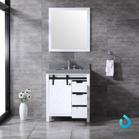 Image of Marsyas 30" White Single Vanity | Grey Quartz Top | White Square Sink and 28" Mirror