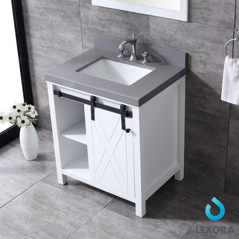 Image of Marsyas 30" White Single Vanity | Grey Quartz Top | White Square Sink and 28" Mirror