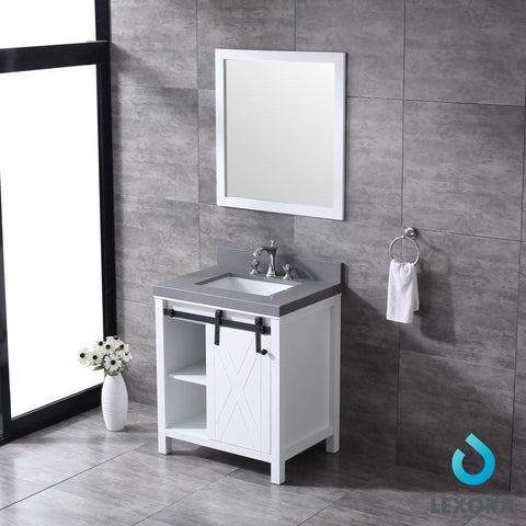 Image of Marsyas 30" White Single Vanity | Grey Quartz Top | White Square Sink and 28" Mirror