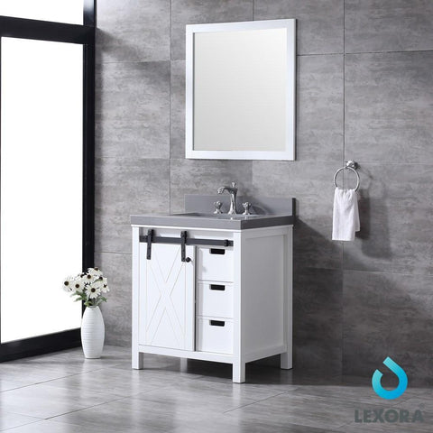 Image of Marsyas 30" White Single Vanity | Grey Quartz Top | White Square Sink and 28" Mirror