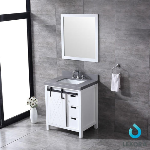 Image of Marsyas 30" White Single Vanity | Grey Quartz Top | White Square Sink and 28" Mirror