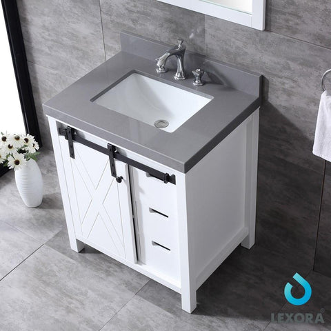 Image of Marsyas 30" White Single Vanity | Grey Quartz Top | White Square Sink and 28" Mirror