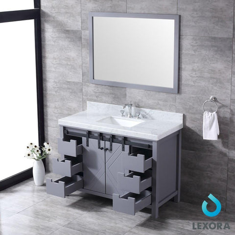 Image of Marsyas 48" Dark Grey Single Vanity | White Carrara Marble Top | White Square Sink and 44" Mirror