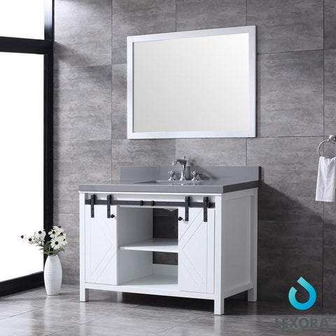 Image of Marsyas 48" White Single Vanity | Grey Quartz Top | White Square Sink and 44" Mirror