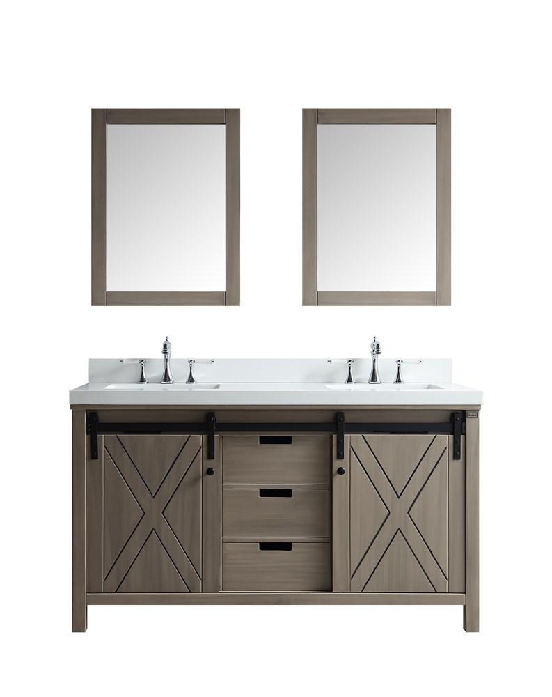Marsyas 60" Ash Grey Double Vanity | White Quartz Top | White Square Sinks and 24" Mirrors