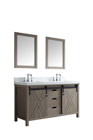 Image of Marsyas 60" Ash Grey Double Vanity | White Quartz Top | White Square Sinks and 24" Mirrors