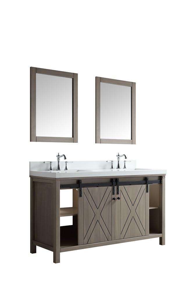 Marsyas 60" Ash Grey Double Vanity | White Quartz Top | White Square Sinks and 24" Mirrors