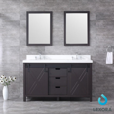 Image of Marsyas 60" Brown Double Vanity | White Quartz Top | White Square Sinks and 24" Mirrors