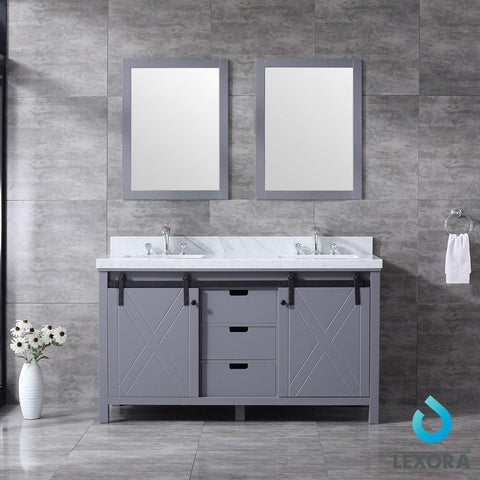 Image of Marsyas 60" Dark Grey Double Vanity | White Carrara Marble Top | White Square Sinks and 24" Mirrors