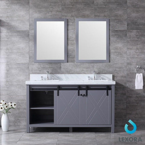 Image of Marsyas 60" Dark Grey Double Vanity | White Carrara Marble Top | White Square Sinks and 24" Mirrors