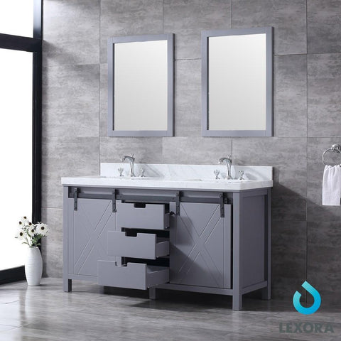 Image of Marsyas 60" Dark Grey Double Vanity | White Carrara Marble Top | White Square Sinks and 24" Mirrors