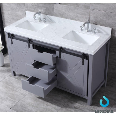 Image of Marsyas 60" Dark Grey Double Vanity | White Carrara Marble Top | White Square Sinks and 24" Mirrors