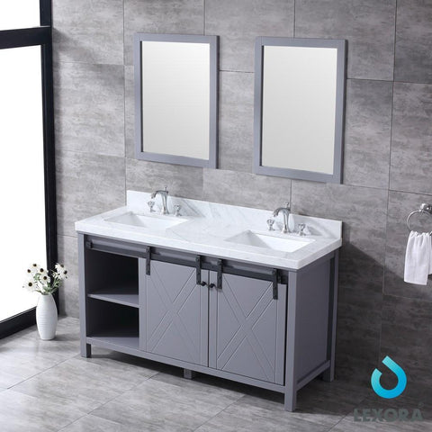 Image of Marsyas 60" Dark Grey Double Vanity | White Carrara Marble Top | White Square Sinks and 24" Mirrors