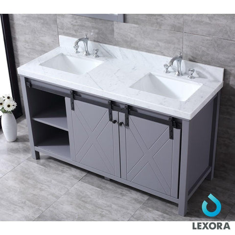 Image of Marsyas 60" Dark Grey Double Vanity | White Carrara Marble Top | White Square Sinks and 24" Mirrors